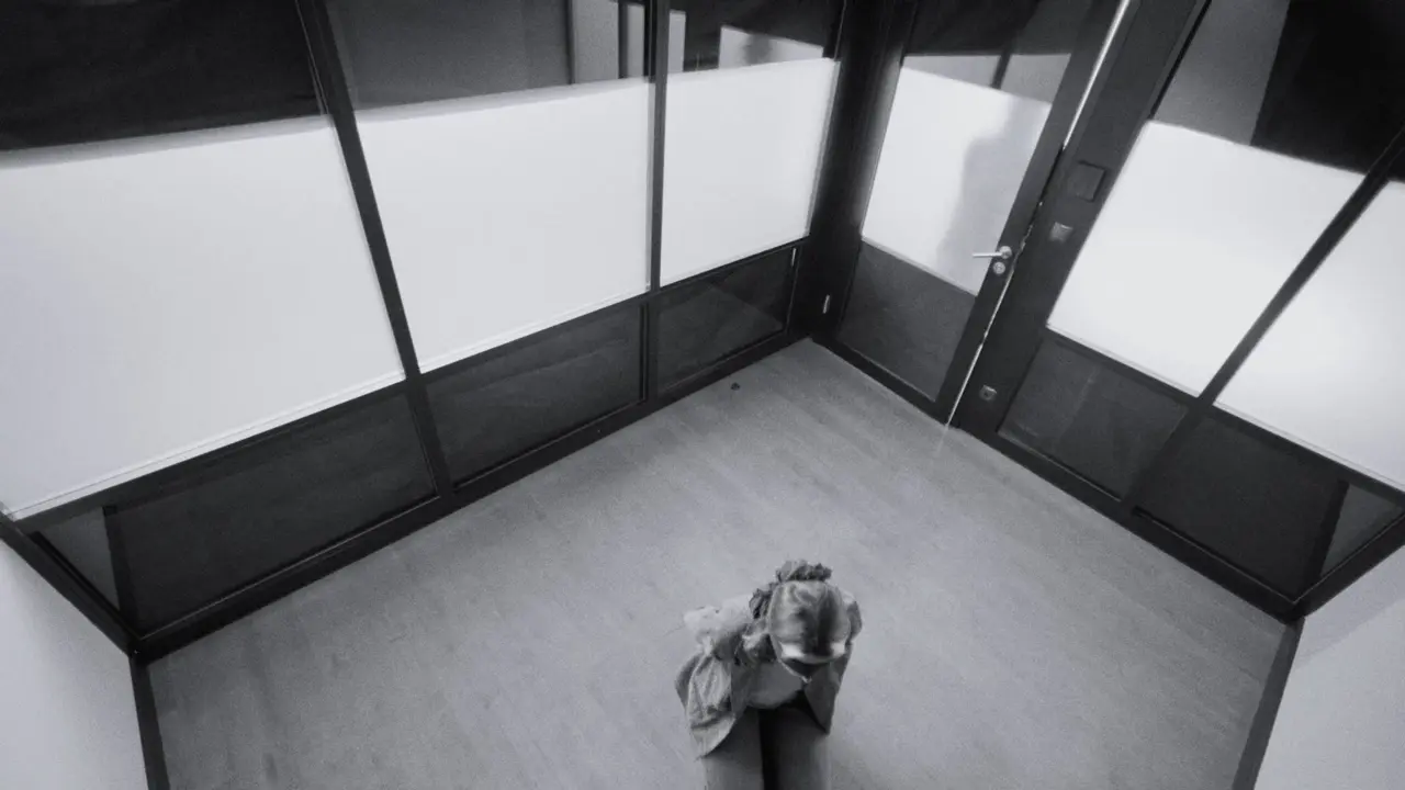 Overhead shot of a figure curled small on the floor of an empty glass-walled office corridor