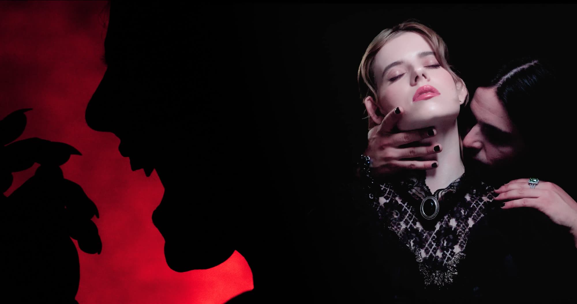 Ater music video still - split composition, red silhouette profile beside a romantic close-up