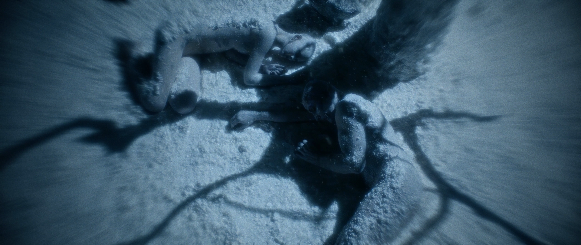 Behemoth Mystic still - overhead shot of frost-covered figures curled on the ground, long branch-like shadows across the snow