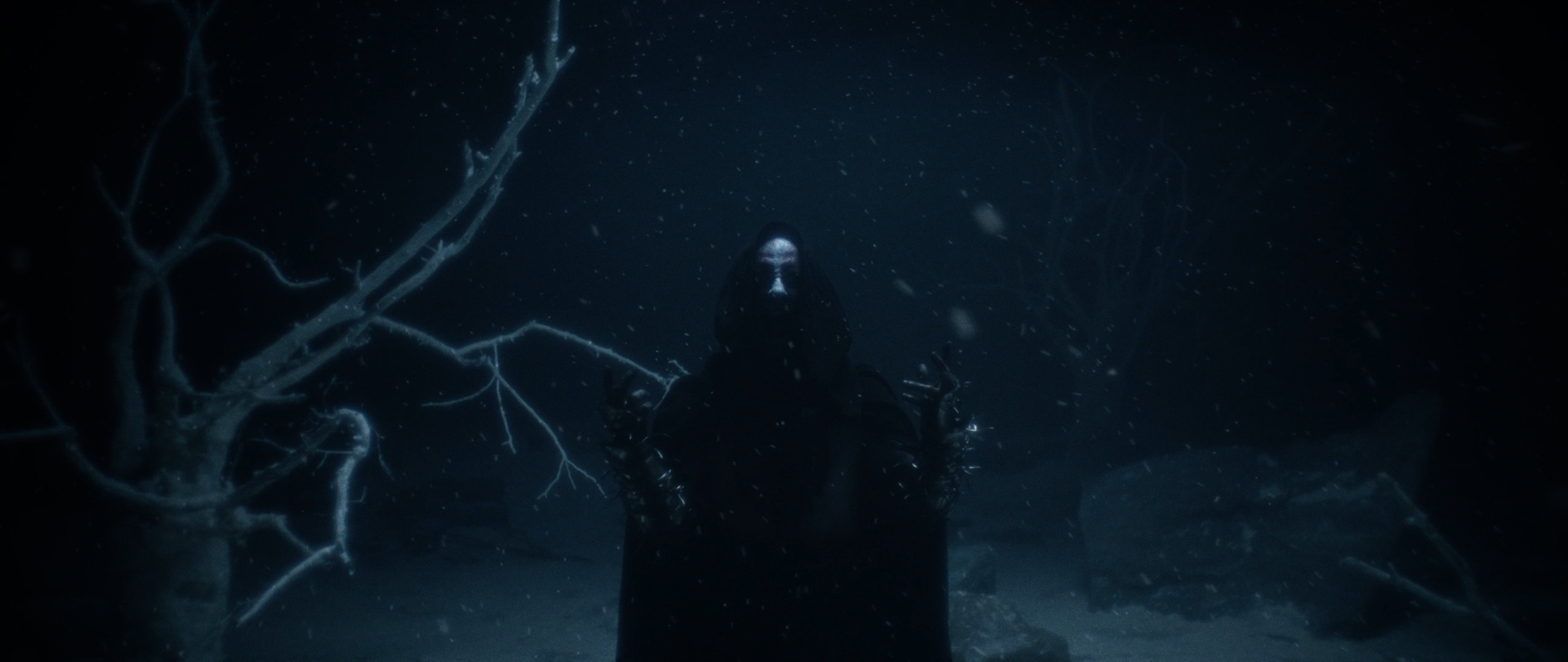 Behemoth Mystic still - hooded figure in spiked gauntlets standing before a frost-covered tree in falling snow