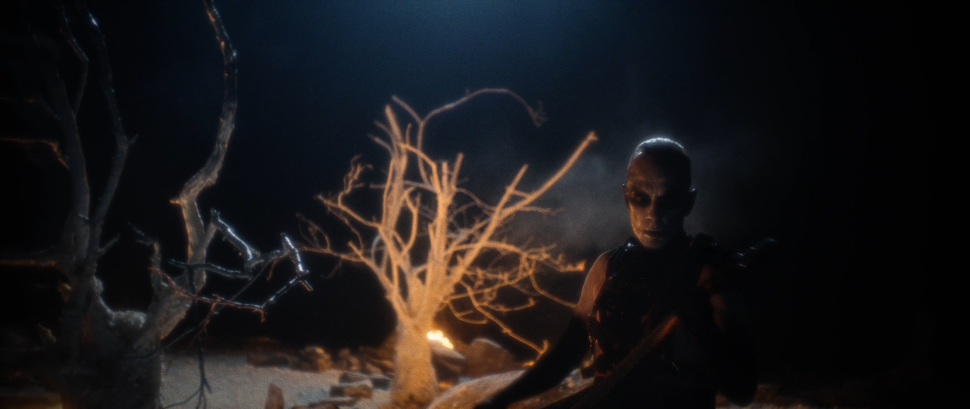 Behemoth Mystic still - figure emerging from behind a frost-covered tree, firelight glowing beyond