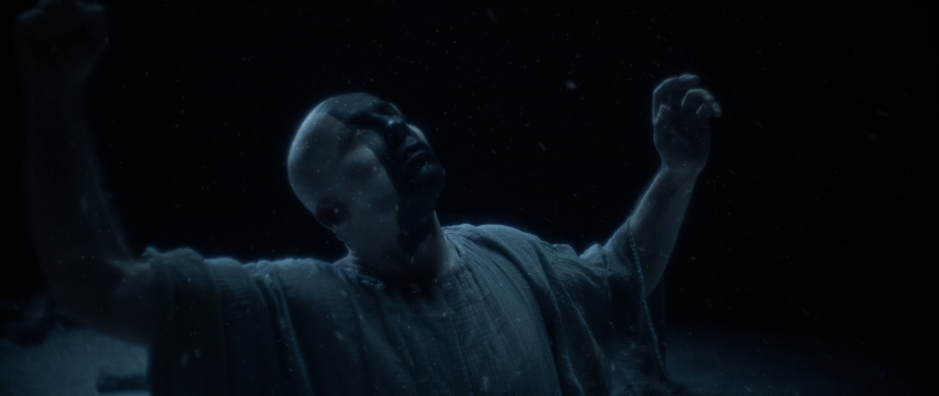 Behemoth Mystic still - bald figure in a coarse shirt with fists raised, head thrown back in falling snow