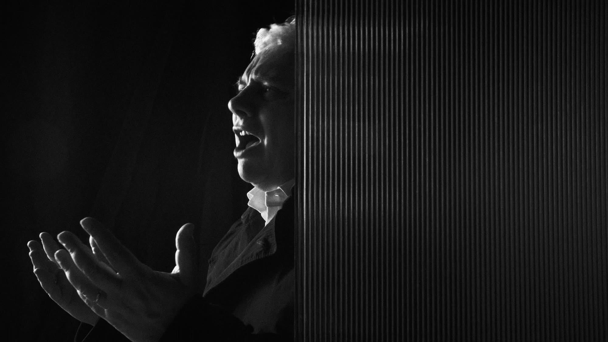 Dzień i noc still - vocalist singing in profile, half hidden behind a panel of reeded glass