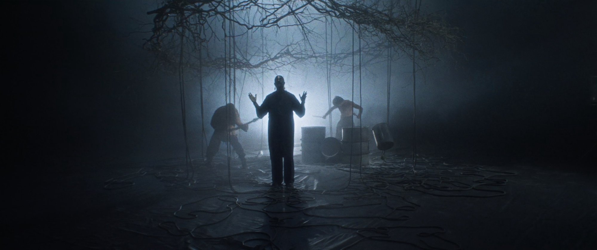 IGORRR music video still - hooded figure with arms raised beneath hanging roots, band performing in fog behind