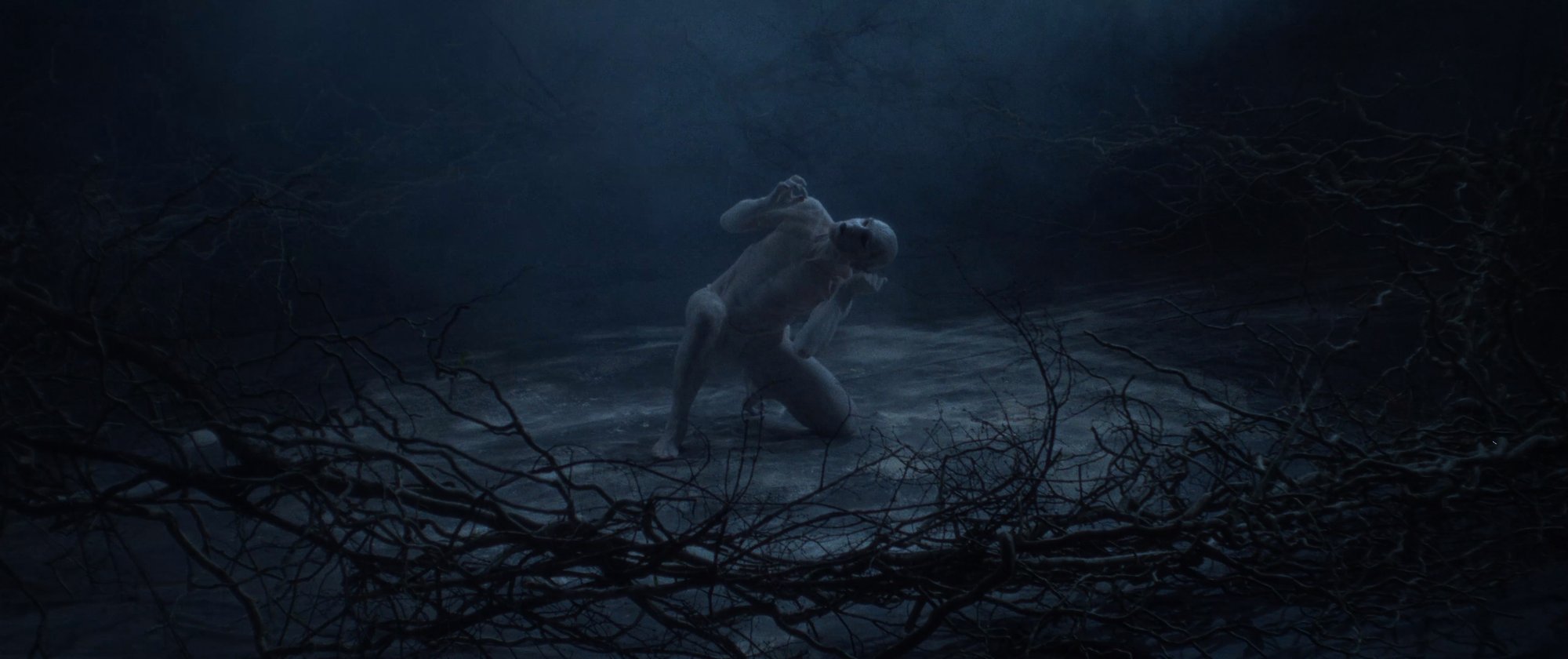 IGORRR music video still - pale figure crouched low amid bare roots, clawed hand near the face
