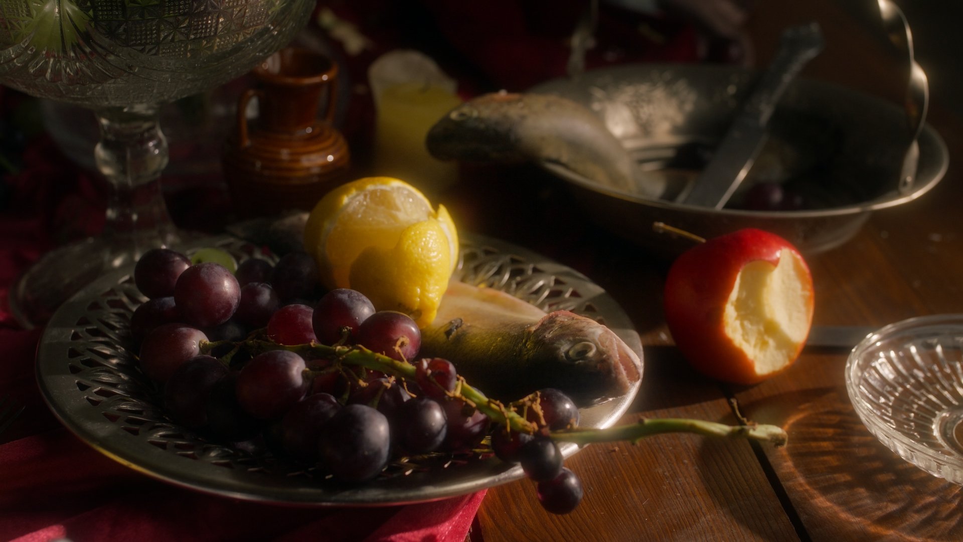 Jestem Alpha still - baroque-style still life of fruit on a silver platter