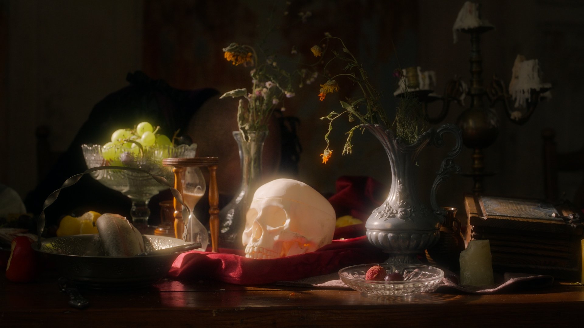 Jestem Alpha still - baroque-style still life of glassware and flowers on a table