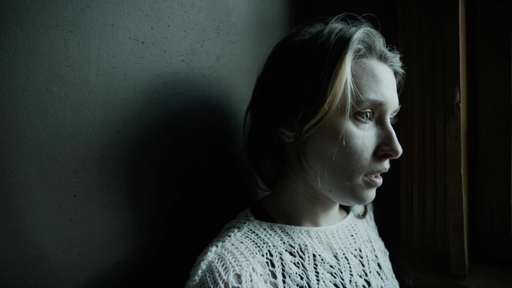 Close profile portrait by the window, a tear visible on her cheek