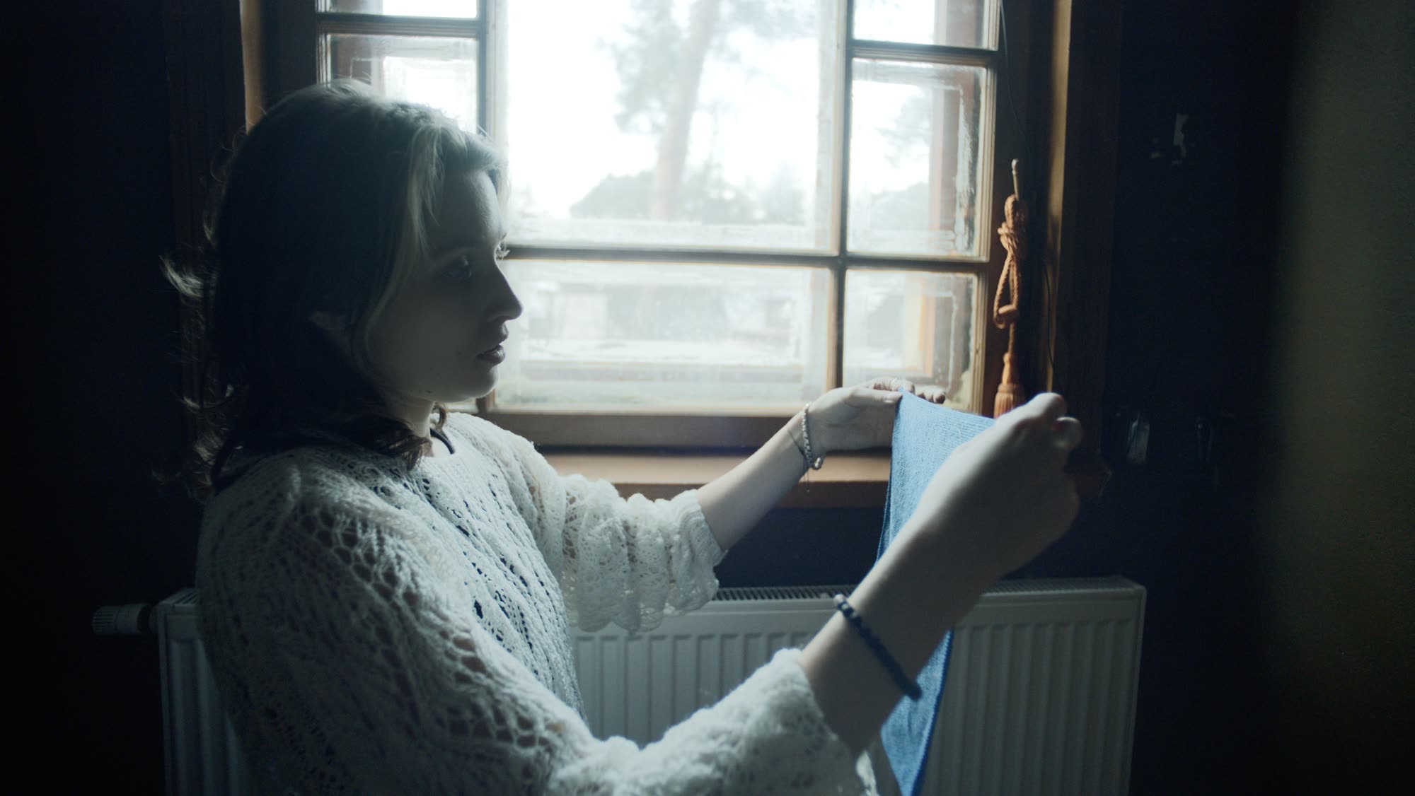 Woman holding a blue cloth at a windowsill beside a radiator