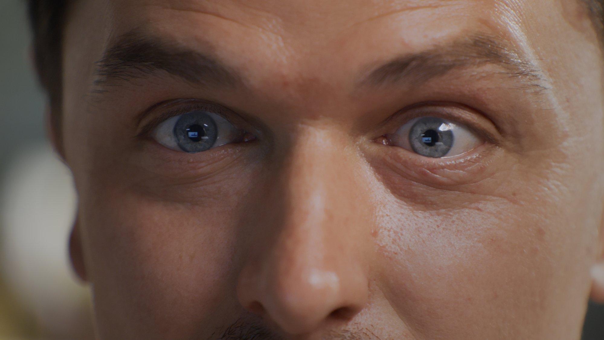 Extreme close-up of a sleep-deprived man's wide-open eyes - Plantpur commercial